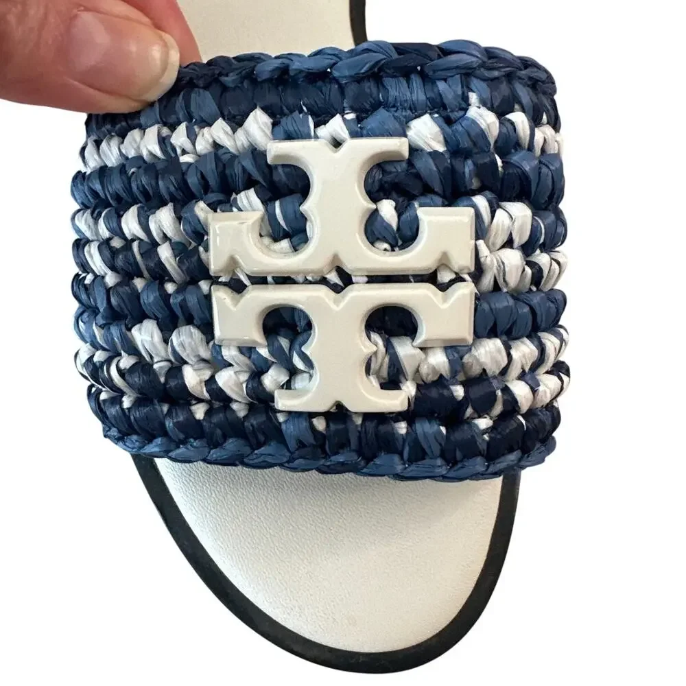 Tory Burch Everly Crochet Raffia Slide Denim Blue White 7